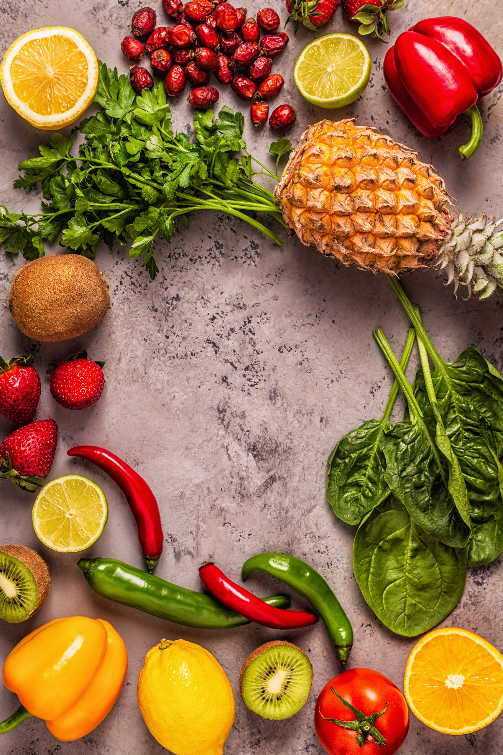 Fruits and vegetables rich in vitamin C. Healthy eating. Top view